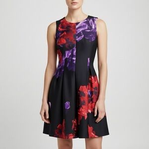 Calvin Klein Purple Red‎ Floral Sleeveless  Pleated Scuba Fit Flare Dress Size 4